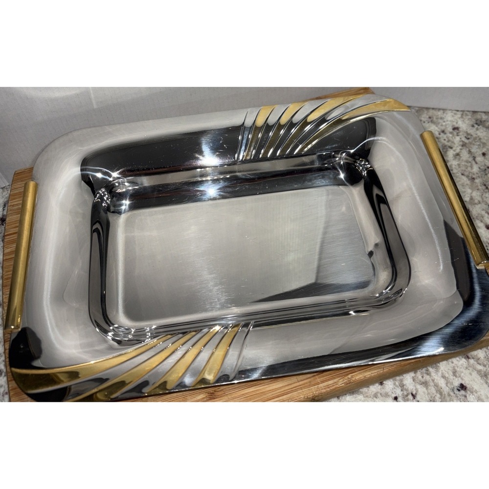 Vintage Inoxbeck Italian Mirror Finish Stainless Steel Server Gold Accents '80's